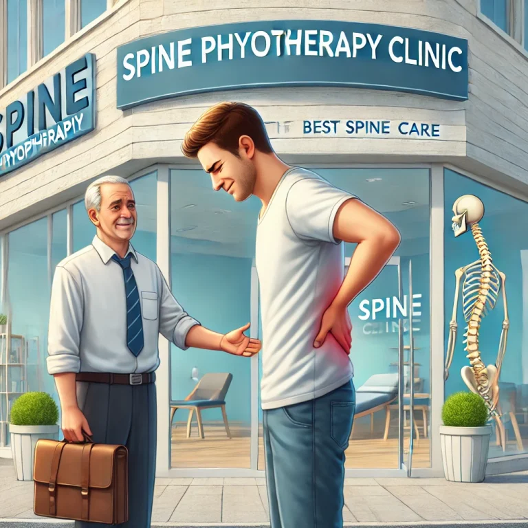 DALL·E-2024-08-28-15.25.00-A-patient-with-a-pained-expression-holding-their-lower-back-while-standing-in-front-of-a-welcoming-physiotherapy-clinic.-The-clinic-has-a-sign-that-re